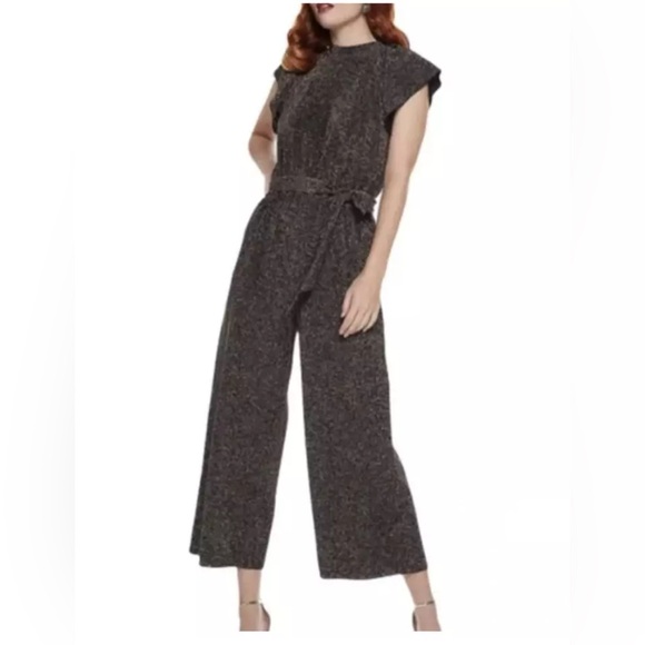 Nine West Black Metallic Sparkle Flutter Sleeve Belted Cropped Jumpsuit size M - Picture 1 of 9